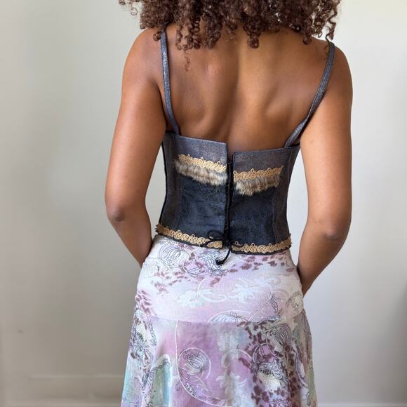 Vintage Italian Denim Corset Top with Fur Trim & Lace-Up Back (M) - Picture 2 of 11